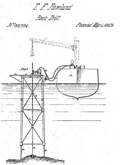 T.F. Rowland May 4, 1869, patent drawing for this "Rock Drill" offshore drilling rig.