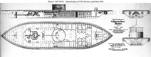 Patent drawing of USS Monitor, designed with help from offshore rig engineer.